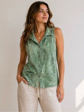 Vintage Dagoli Green Tie-Dye Vest Button Front Boho Utility Sleeveless large